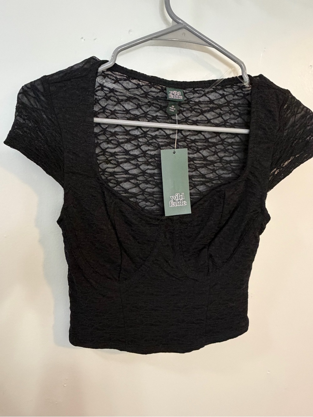 Wild Fable Black Lace Crop Top XS Scoop Neck Sheer Y2K Fitted NWT - Picture 2 of 6